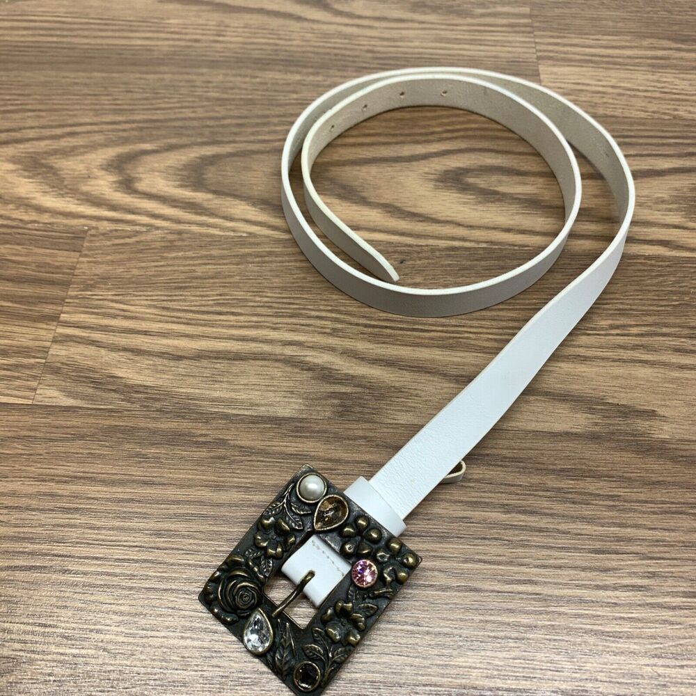 Albatros Leather Belt L 33 -‎ 37 Skinny White Made in Italy Square Floral Jewel